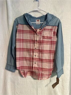 NWT Levi's Red & White Plaid Hooded Button-Front Kids Shirt